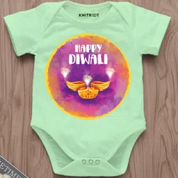 KNITROOT Diwali Theme Half Sleeves Happy Diwali Text Printed Onesie - Green-picture-43