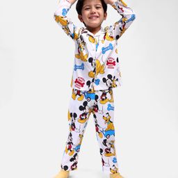 Babyhug Disney Cotton KnitFull Sleeves Night Suit With Mickey Mouse Print - White-image-69