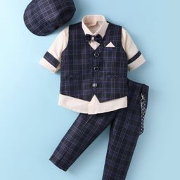 Rikidoos Full Sleeves Solid Shirt With Checked Waistcoat Pant Suspender Cap & Bow Set - Cream & Black-image-72