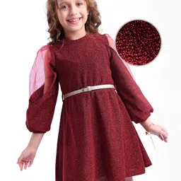 Hola Bonita Knit Full Sleeves Metallic Fabric Solid Dress - Maroon-picture-1
