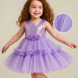 Babyhug Nylon Woven Sleeveless Party Dress With Metallic Yoke Ruffles & Floral Applique - Lilac-picture-29