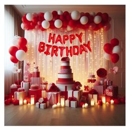 Bubble Trouble 37 Pc Birthday Decoration Items:Red Banner Metallic Balloons Party Backdrop Decoration Net Curtain with LED Light | birthday party decoration pack items for Boys Husband (red)-7
