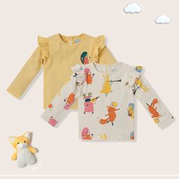 Nauti Nati 100% Cotton Pack Of 2 Full Sleeves Animals Printed Tops - Yellow & White-image-101