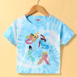 Under Fourteen Only Cotton Half Sleeves Tie Dye People Embroidered Top - Blue-image-61