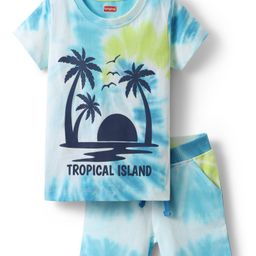 Babyhug Single Jersey Knit Half Sleeves Tie & Dye T-Shirt & Shorts Set with Tropical Theme Print - Light Blue-image-72