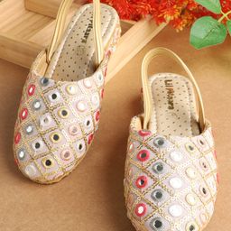LIL PITAARA Sequin Embroidered Mirror Work Detailed Jutti - Cream-image-86