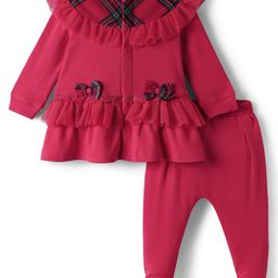 ToffyHouse Interlock Knit Full Sleeves Top & Footed Legging Set With Bow Applique - Red-picture-17