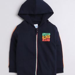 BUMZEE Fleece Knit Full Sleeves Text Printed Hooded Sweatjacket - Navy Blue-image-72