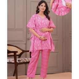 CeleBravo Cotton Woven Half Batwing Sleeves Floral Printed Maternity Ethnic Kaftan Style Kurta With Nursing Access & Pant Set - Pink-image-62