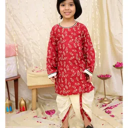 KID1 Cotton Woven Full Sleeves Fish Printed Dhoti Kurta - Maroon-picture-1