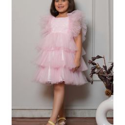 Bella Moda Net Woven Sleeveless Floral Embroidered Ruffle Detailed Layered Dress - Light Pink-image-21