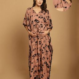 Secret Wish Rayon Woven Half Batwing Sleeves Floral Printed Maternity Kaftan Nighty With Side Seam Nursing Access - Brown-image-85