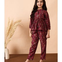 StyloBug Cotton Woven Three Fourth Sleeves Floral Printed Peplum Kurti & Coordinating Pant Set - Maroon-picture-24