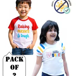 COCOON ORGANICS 100% Cotton Knit Pack Of 2 Half Raglan Sleeves Little Wonder & Raising Parents Is Tough Text Printed Anti Microbial Tees - Yellow Red White & Sky Blue-picture-7