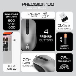 Archer Tech Lab Precision 100 Wireless Mouse, Plug & Play 2.4GHz USB Nano Dongle, 3 DPI Settings (800-1200-1600), Ergonomic Design, 2 Million Clicks Lifetime, 10M Range Lightweight 55gm (Grey) image 2