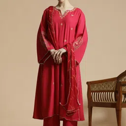 Anouk Ethnic Motifs Embroidered Round Notch Neck Thread Work Kurta With Palazzos & Dupatta-5