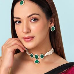 Yellow Chimes Gold-Plated Stone-Studded & Mothi Beaded Jewellery Set-image-47