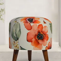 GLOBALLY White & Orange Printed Wooden Round Ottoman-image-61