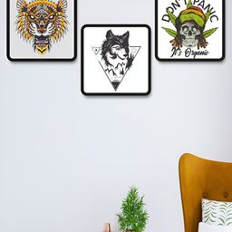 SAF White & Black 3 Piece Wood Birds and Animals Wall Paintings-image-78