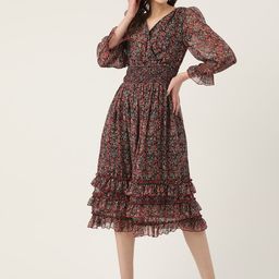 Antheaa Black Printed Chiffon Midi Fit & Flare Dress-46