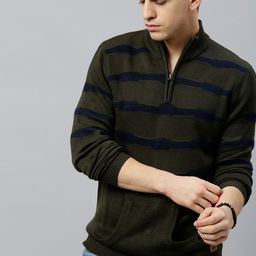 The Roadster Lifestyle Co Men Olive Green & Navy Blue Striped Pullover Sweater-picture-11