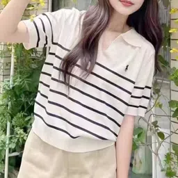 KPOP Striped Short Sleeves Shirt Collar Shirt Style Top-picture-25