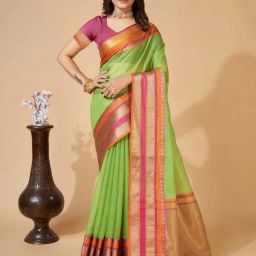 Satrani Green Woven Saree With Unstitched Blouse-picture-9