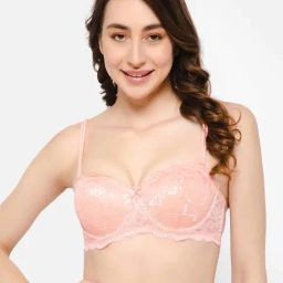 Clovia Pink Lace Work Demi Cup Bra-image-7