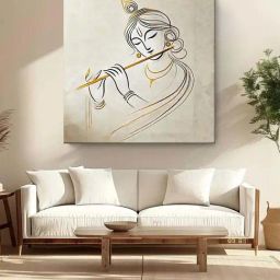 999Store Grey & Golden Canvas Lord Krishna Playing The Flute Painting-12