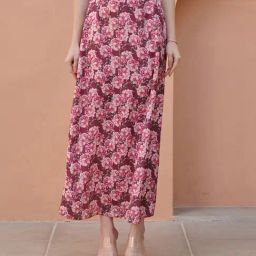 Pasha India Burgundy Straight Floral Flared Midi Skirt-image-55