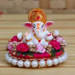 eCraftIndia Lord Ganesha Idol on Decorative Handcrafted Plate with Colorful Flowers-image-60