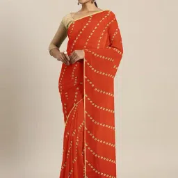 LADUSAA Orange Printed Saree With Unstitched Blouse-image-8
