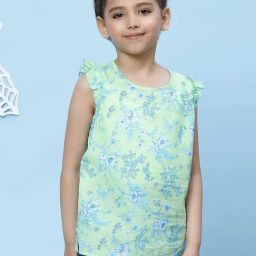 BIBA Girls Apple Green Cotton Floral Print Top-image-29