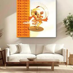 999Store Orange & White Canvas Hanuman Dancing With Joy In Devotion To Lord Rama Painting-34