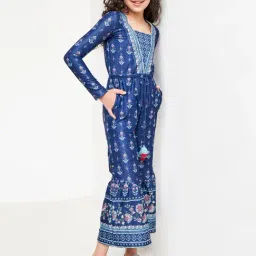 Global Desi Girl Kids Blue Printed Full Sleeves Jumpsuit-image-15
