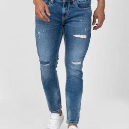 Spykar Mid Blue Cotton Regular Fit Distressed Jeans-image-100
