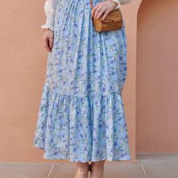 Pasha India Blue Gathered Floral Flared Midi Skirt-image-49