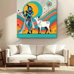 999Store Multicolor Canvas Modern Depiction Of Krishna And His Sacred Cow Painting-43