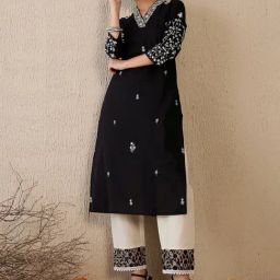 Indo Era Black Cotton Regular Fit Embroidered Kurta-picture-34