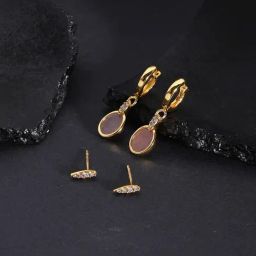 Accessorize London Real Gold-Plated Z Stone Rose Quartz Dangler & Stud Earrings - Set of 2-image-39