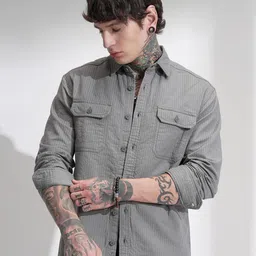 HIGHLANDER Men Comfort Fit Textured Spread Collar Cotton Casual Shirt-image-36
