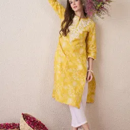 Indo Era Yellow Cotton Regular Fit Embroidered Kurta-image-80