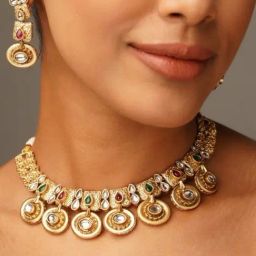 Abdesigns Gold-Tone Plated Polki American Diamond Necklace & Earring Set-image-74