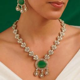 Abdesigns Gold-Tone Plated Polki American Diamond Necklace & Earring Set-image-6
