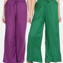 TWIN BIRDS Green & Purple Mid Rise Palazzos - Pack Of 2-image-70