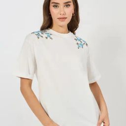 Styli Off White & Blue Cotton Embroidered Oversized T-Shirt-picture-37