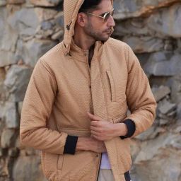 Campus Sutra Beige Regular Fit Self Pattern Hooded Jacket-28