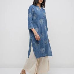 Utsa by Westside Blue Floral Printed Cotton Blend Straight Kurta-image-51