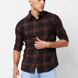 Spykar Khaki Cotton Slim Fit Checks Shirt-picture-0