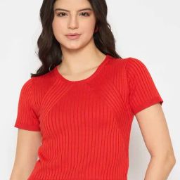 Madame Red Polyester Solid Short Sleeves Top-image-41